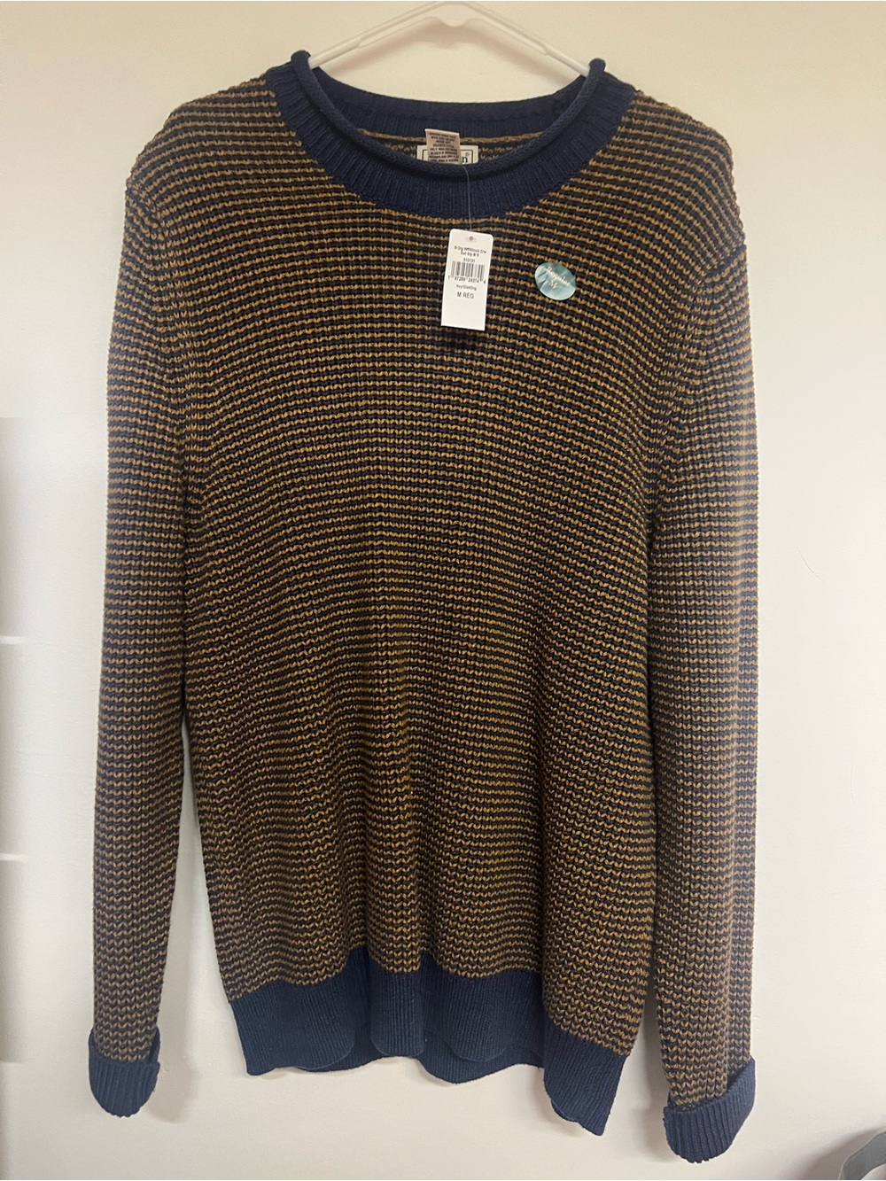 L.L. Bean Navy and Brown Textured Crewneck Sweater